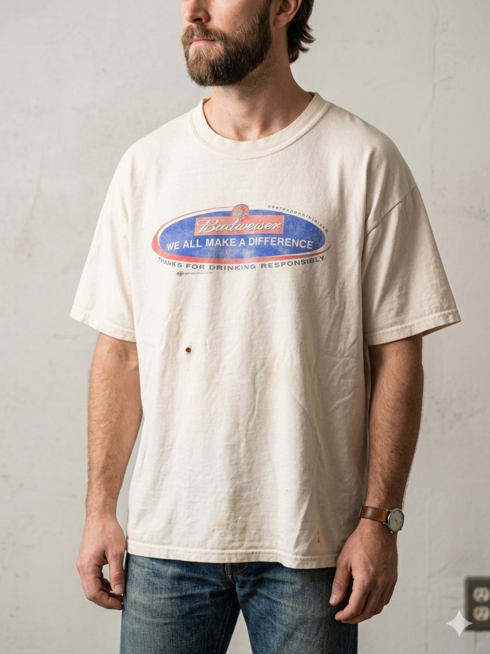 VTG 90’s Budweiser Cream Short Sleeve Graphic Tee with Blue & Red Logo XXL